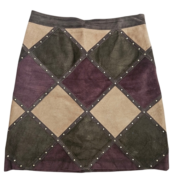 Worth New York Burgandy Green Suede Skirt Size 4 Studs Argyle Diamond Patchwork - Picture 1 of 10